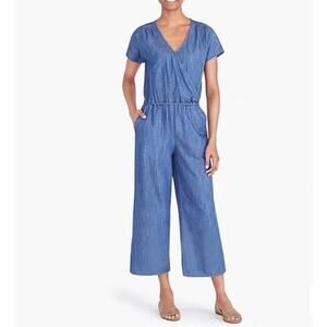 J.Crew Women’s Denim Jumpsuit One Piece Blue Stretch Waist Cropped V-Neck S/XS